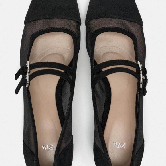 NWT | Zara Black Mesh and Suede Mary Jane Block Heels | Size 8 / 39 - Picture 2 of 13